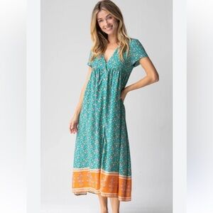 NATURAL LIFE Teal and Orange Floral Midi Dress